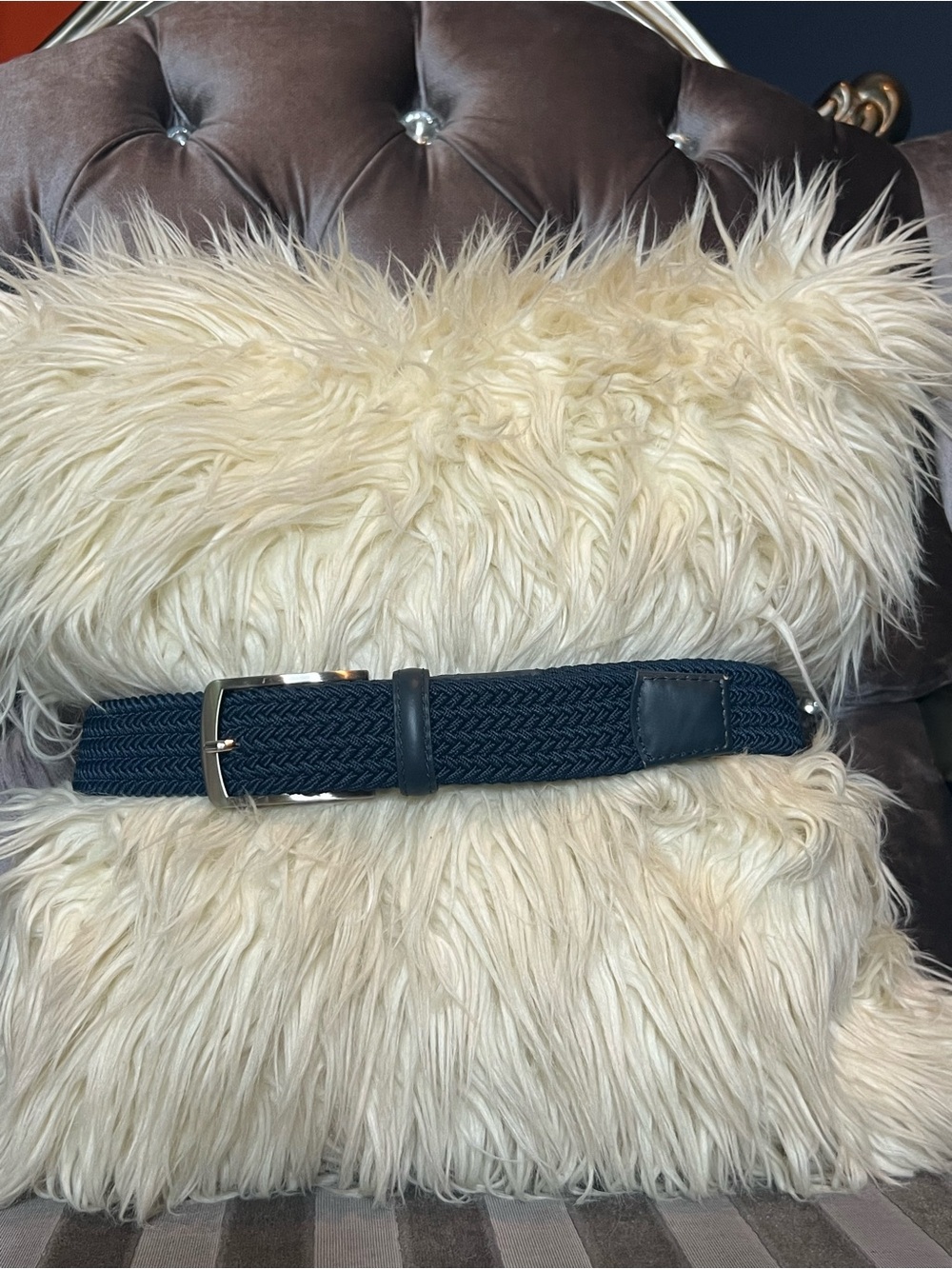 🌊💙 Navy Blue Stretch Braided Woven Belt with Silver Hardware & Logo Accent ⚓✨